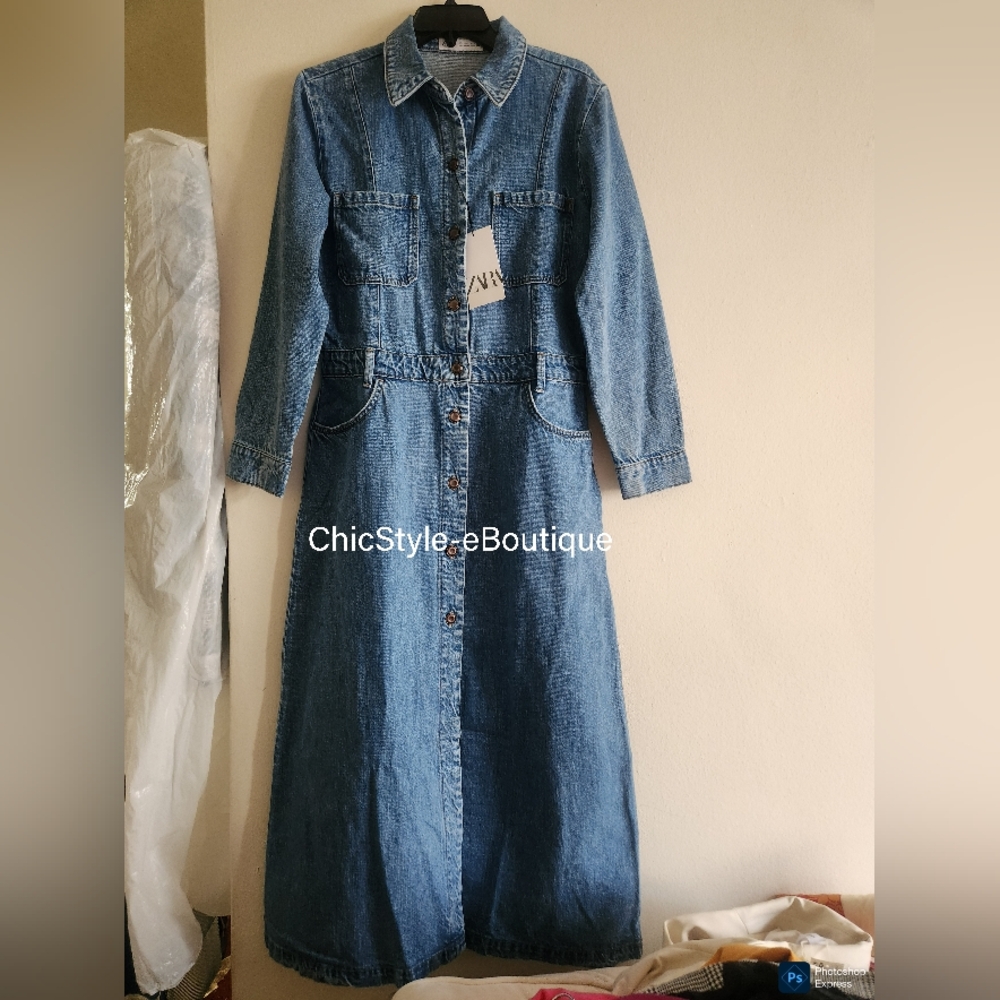 Zara Z1975 Women's Long Denim Dress 100% Cotton Mid-blue Nwt !! - Picture 4 of 15